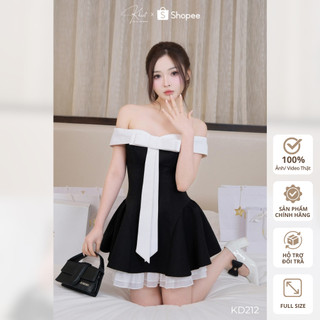 Đầm ngắn Khiết Style dáng xòe trễ vai ruby đen phối nơ trắng KD212