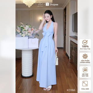 Đầm Khiết Style yếm dài kẻ sọc xanh phối nơ phong cách trẻ trung KD166