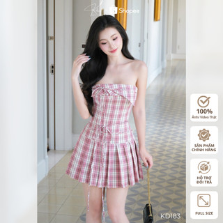 Đầm cúp ng.ực xếp ly Khiết Style họa tiết caro hồng phối nơ cách điệu, kiểu dáng trendy trẻ trung KD183