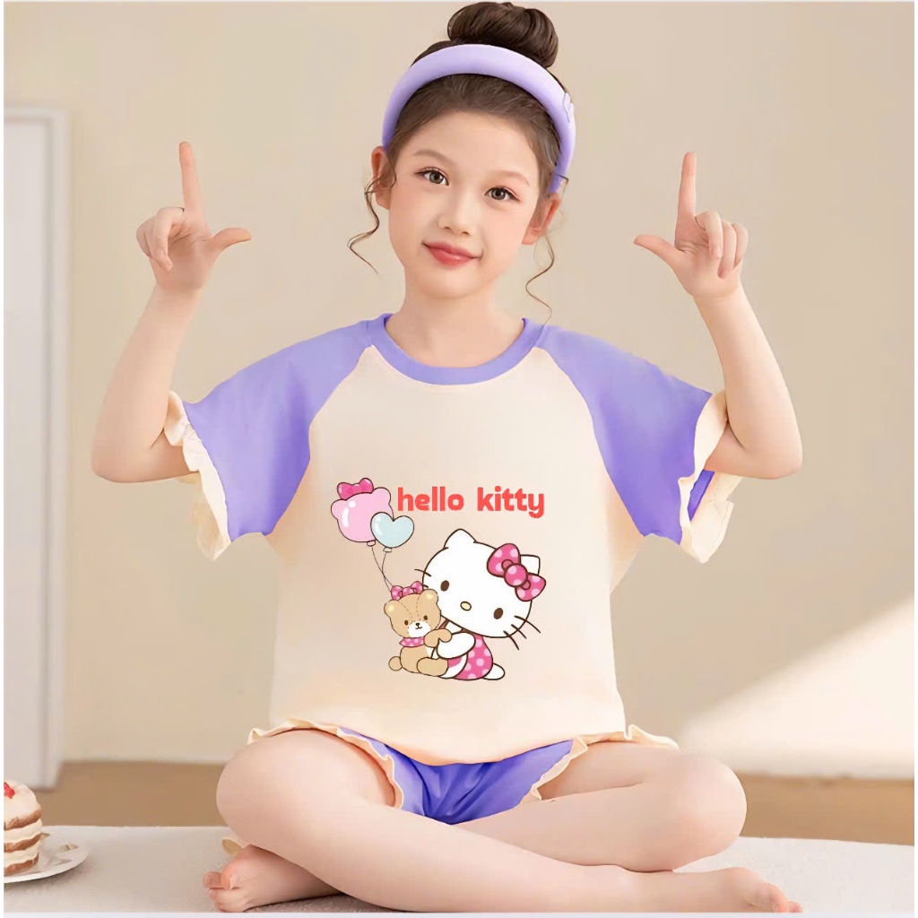 2-15 TUỔI Bộ đồ ngủ bé gái áo cộc tay in hình mèo HELLO KITTY dễ thương chất vải cotton mềm mịn.M34