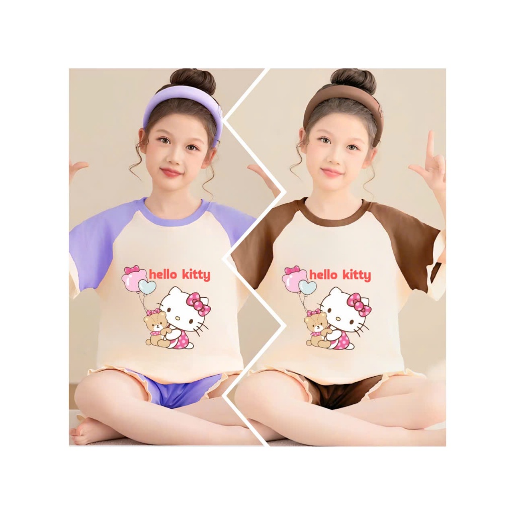 2-15 TUỔI Bộ đồ ngủ bé gái áo cộc tay in hình mèo HELLO KITTY dễ thương chất vải cotton mềm mịn.M34