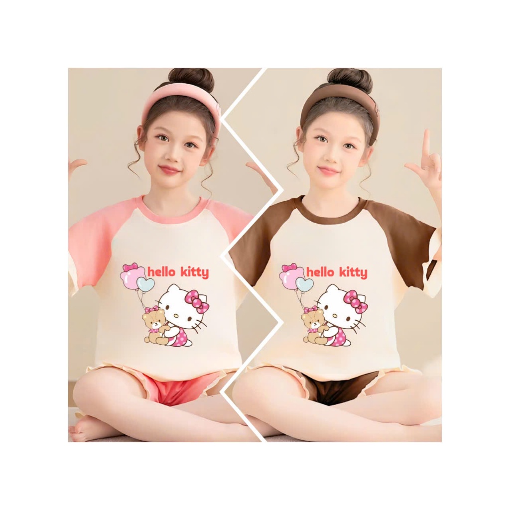 2-15 TUỔI Bộ đồ ngủ bé gái áo cộc tay in hình mèo HELLO KITTY dễ thương chất vải cotton mềm mịn.M34