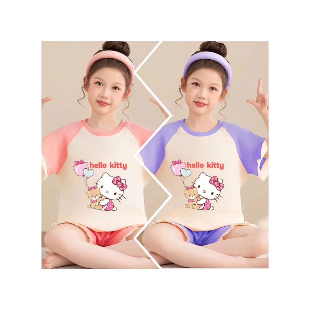2-15 TUỔI Bộ đồ ngủ bé gái áo cộc tay in hình mèo HELLO KITTY dễ thương chất vải cotton mềm mịn.M34