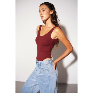 THEKIM Áo 2 dây bodysuit ( mút ngực tháo rời ) cổ tim khoét lưng sâu , áo bodysuit cúp ngực chữ V Rib 100% cotton T341