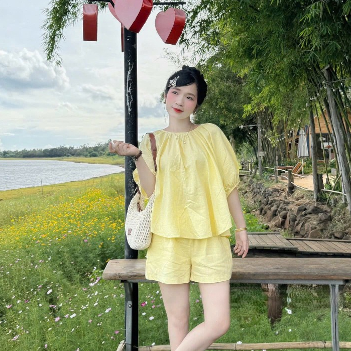 Set áo tay lỡ cúc sau lưng kèm quần sooc cạp chun hai lớp, set bộ xinh LALA  S40