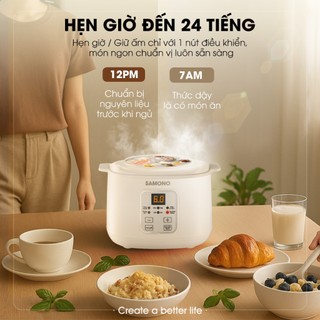 Nồi nấu chậm đa năng 0.8L Samono SW-SC08B, kèm lồng hấp,thố sứ,hẹn giờ 24h, Nấu Cháo, Chưng Yến, hầm, giữ nhiệt