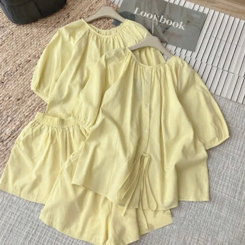 Set áo cổ tròn tay lỡ kèm quần sooc cạp chun có túi, set đồ bộ vàng đi chơi LABEL S40