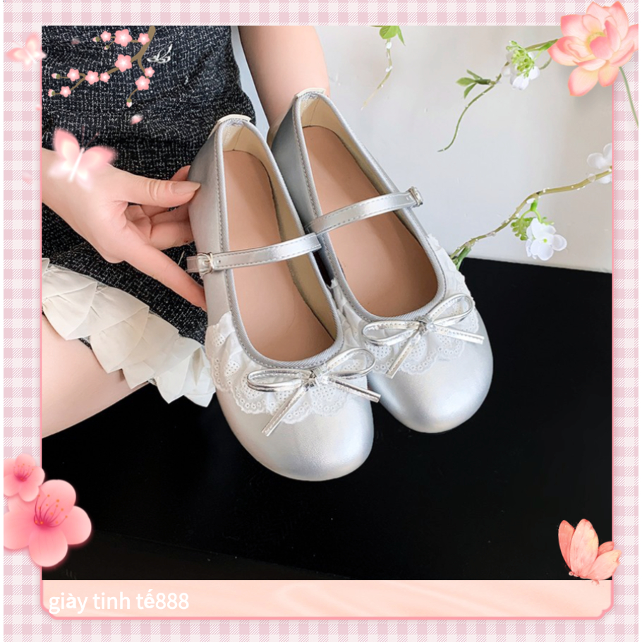 🔥Còn hàng🔥Giày búp bê nữ Giày ballet Mũi tròn Đáy phẳng Thiết kế nơ Màu be bạc và đen