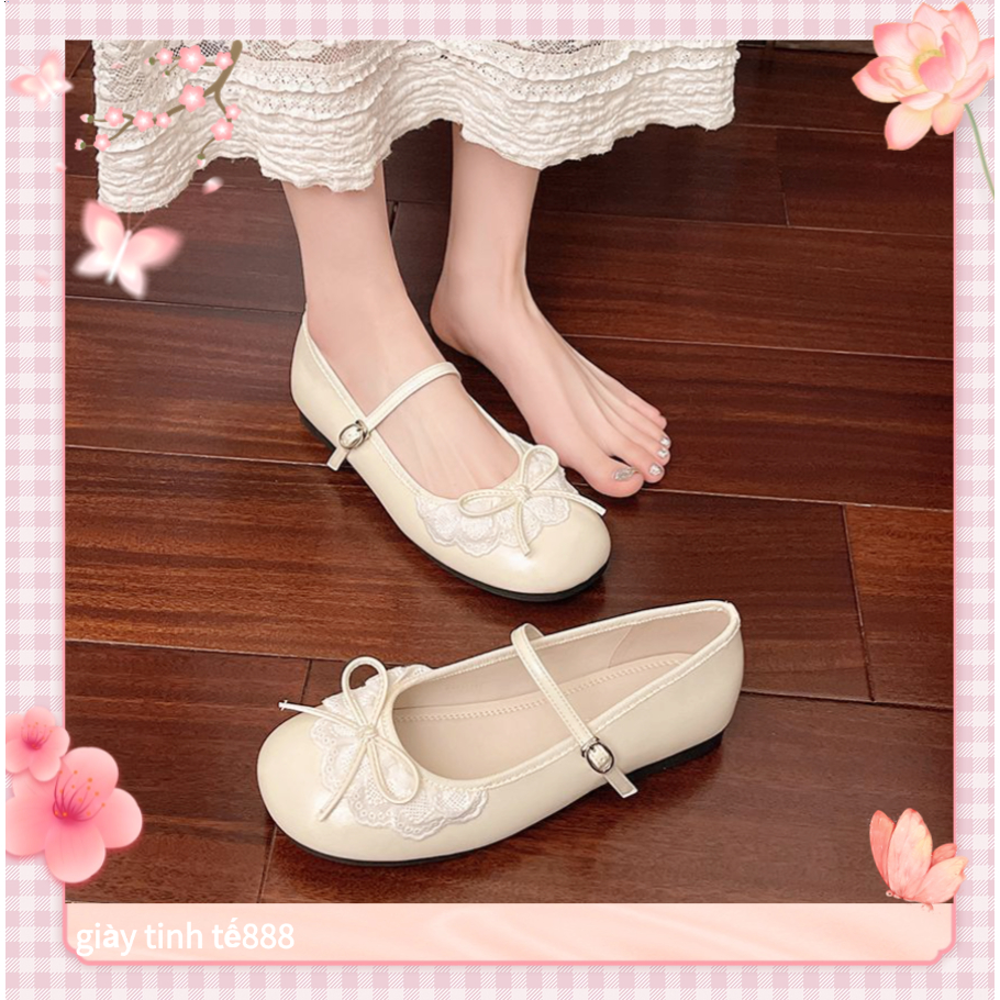 🔥Còn hàng🔥Giày búp bê nữ Giày ballet Mũi tròn Đáy phẳng Thiết kế nơ Màu be bạc và đen