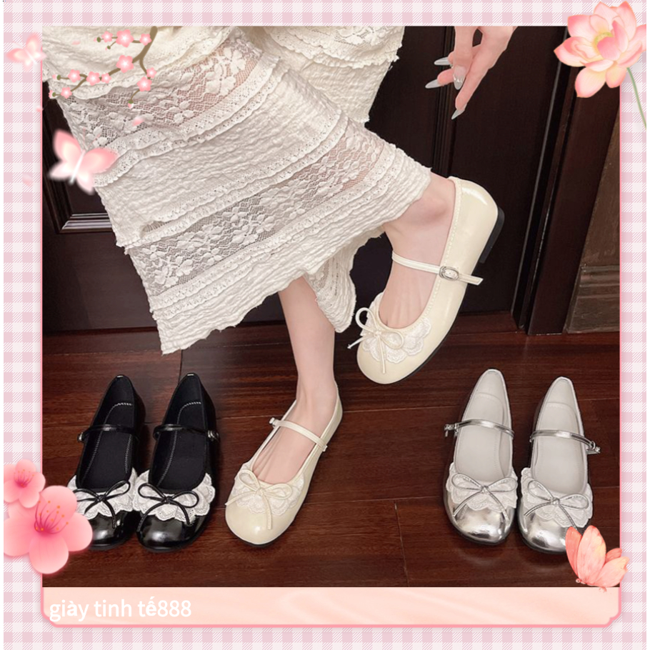 🔥Còn hàng🔥Giày búp bê nữ Giày ballet Mũi tròn Đáy phẳng Thiết kế nơ Màu be bạc và đen