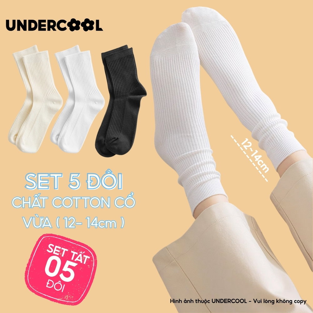 Set 5 Đôi Vớ Tất Cổ Cao Nữ UNDERCOOL Uniex Cotton Mềm Dày, Không Xù, Thấm Hút Mồ Hôi, Thoáng Khí - Combo 5 đôi CB-TC02
