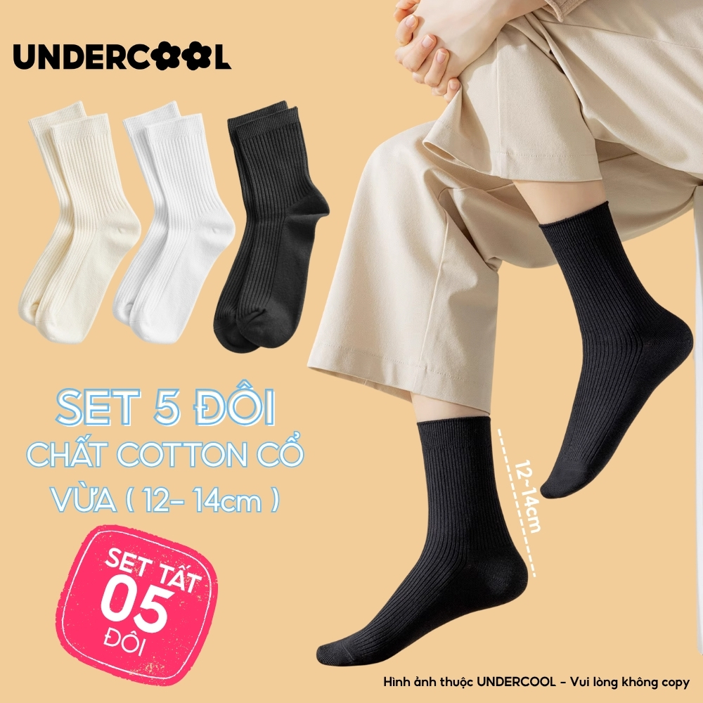 Set 5 Đôi Vớ Tất Cổ Cao Nữ UNDERCOOL Uniex Cotton Mềm Dày, Không Xù, Thấm Hút Mồ Hôi, Thoáng Khí - Combo 5 đôi CB-TC02