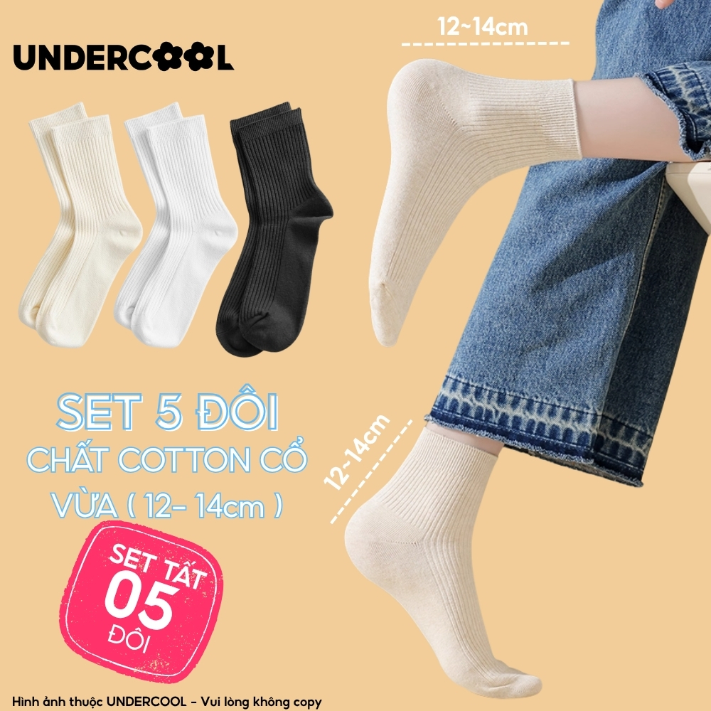 Set 5 Đôi Vớ Tất Cổ Cao Nữ UNDERCOOL Uniex Cotton Mềm Dày, Không Xù, Thấm Hút Mồ Hôi, Thoáng Khí - Combo 5 đôi CB-TC02