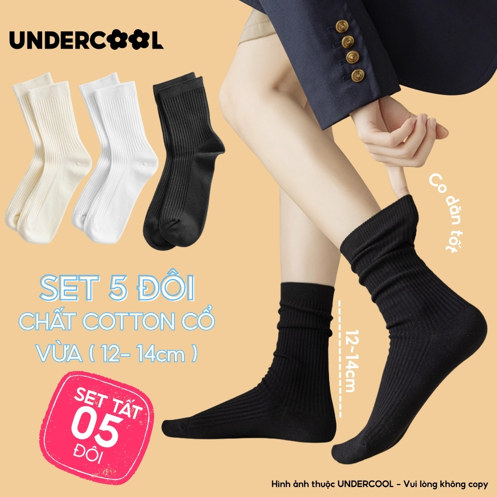 Set 5 Đôi Vớ Tất Cổ Cao Nữ UNDERCOOL Uniex Cotton Mềm Dày, Không Xù, Thấm Hút Mồ Hôi, Thoáng Khí - Combo 5 đôi CB-TC02