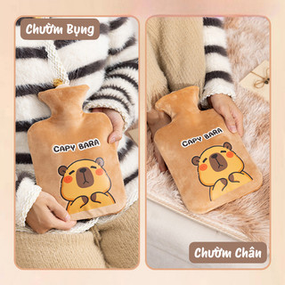 Túi Chườm Nóng 500ml Hình Gấu Capybara – Bình Chườm Giữ Nhiệt Vải Nhung Siêu Mềm, An Toàn, Dễ Thương
