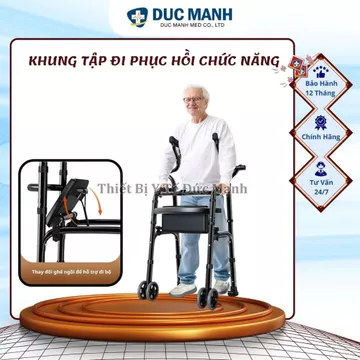 Khung tập đi có ghế ngồi phục hồi chức năng cho người già - khung tập đi hỗ trợ, nạng chống nách