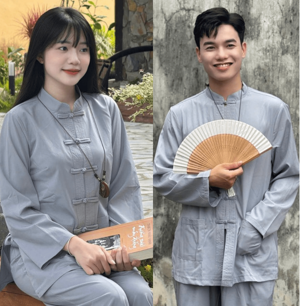 [SET NAM VÀ NỮ] Bộ đi chùa cổ trụ dài tay nam nữ mặc được lụa nhuyễn mềm mát Pháp phục đi lễ khuy tết vải mềm mát