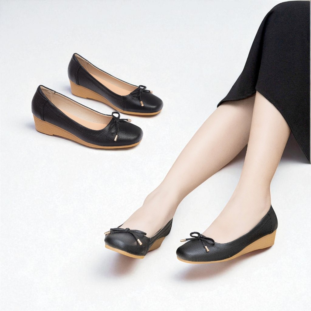 Giày Búp Bê Đế Xuồng 4cm Da Thật Phối Nơ Số 8 H173