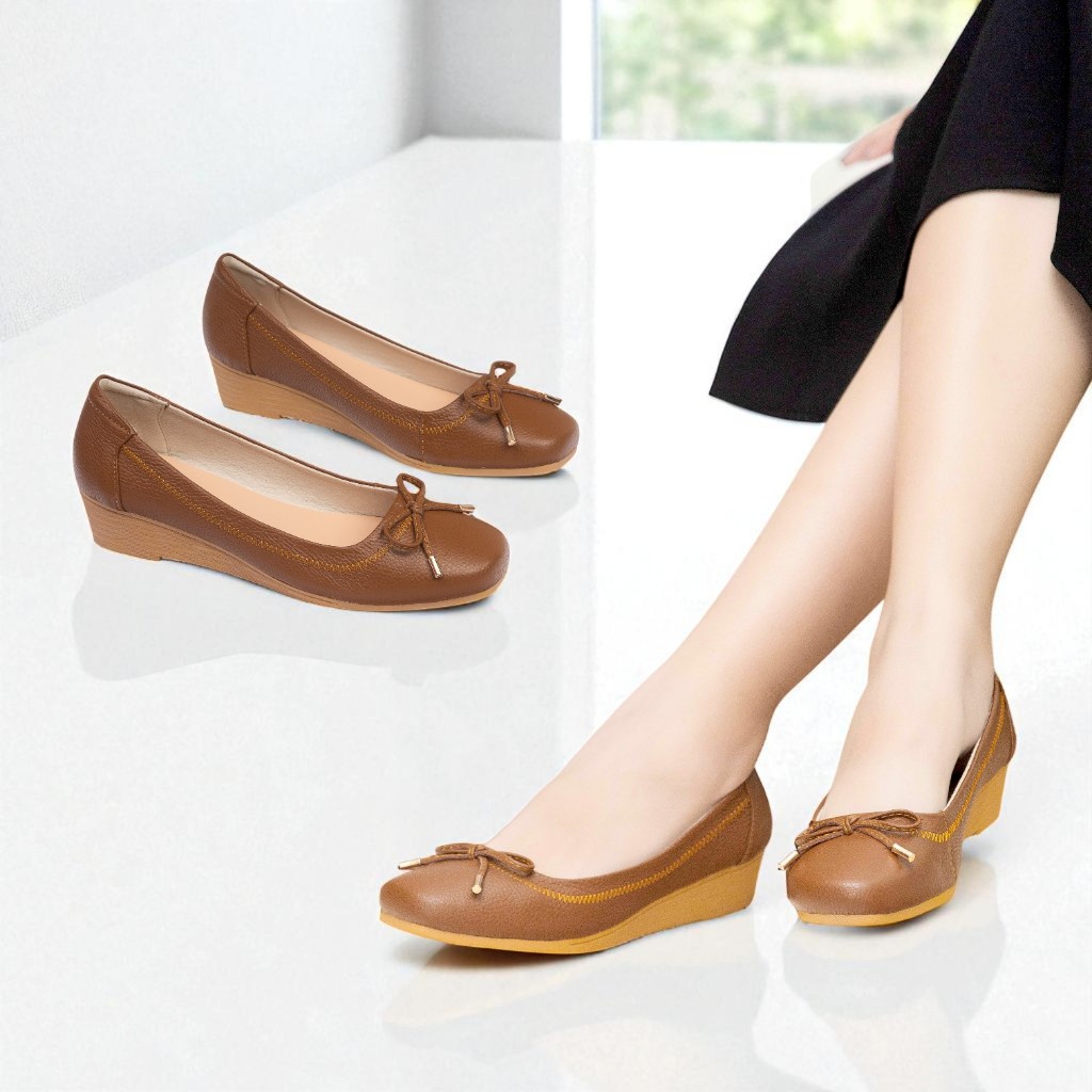 Giày Búp Bê Đế Xuồng 4cm Da Thật Phối Nơ Số 8 H173