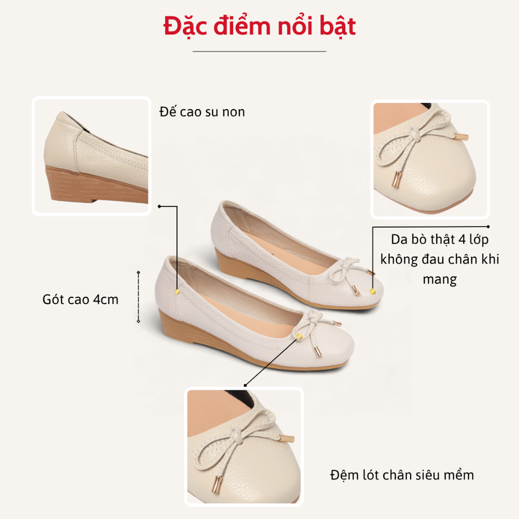 Giày Búp Bê Đế Xuồng 4cm Da Thật Phối Nơ Số 8 H173
