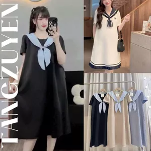 Váy bầu kiểu thủy thủ nơ to dễ thương công sở lịch sự đẹp chất cotton mềm mát Đầm suông rộng phong cách Hàn Quốc T1047G