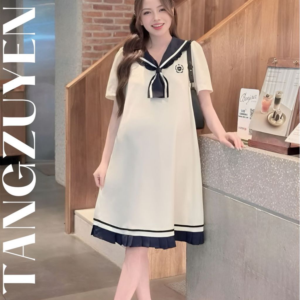 Váy bầu kiểu thủy thủ nơ to dễ thương công sở lịch sự đẹp chất cotton mềm mát Đầm suông rộng phong cách Hàn Quốc T1047G