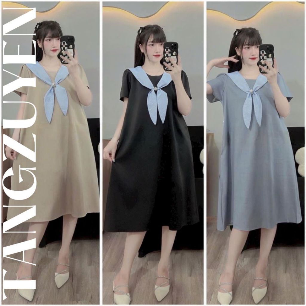 Váy bầu kiểu thủy thủ nơ to dễ thương công sở lịch sự đẹp chất cotton mềm mát Đầm suông rộng phong cách Hàn Quốc T1047G