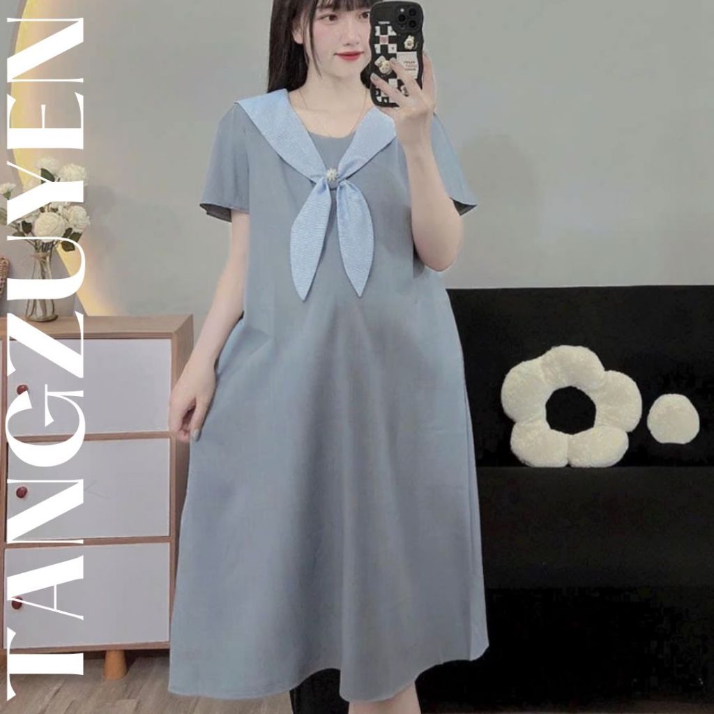 Váy bầu kiểu thủy thủ nơ to dễ thương công sở lịch sự đẹp chất cotton mềm mát Đầm suông rộng phong cách Hàn Quốc T1047G
