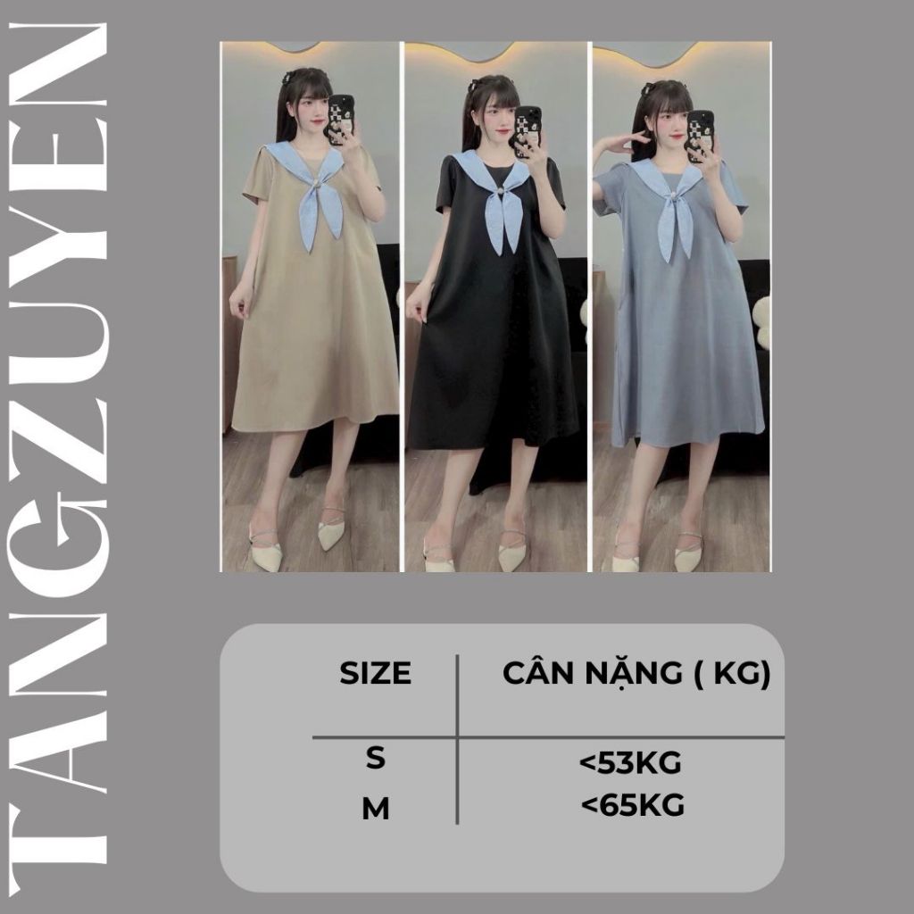 Váy bầu kiểu thủy thủ nơ to dễ thương công sở lịch sự đẹp chất cotton mềm mát Đầm suông rộng phong cách Hàn Quốc T1047G