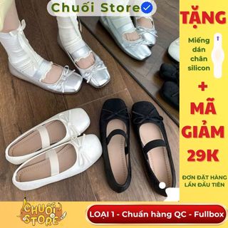 Giày bệt nữ da PU tổng hợp dệt vải đế cao su phong cách thanh lịch phối quai ngang mix nơ cao cấp