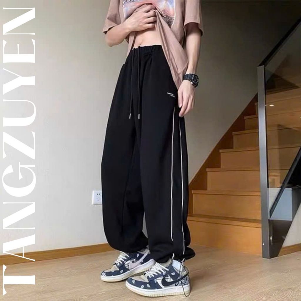 Quần ống rộng 2 vạch cạp chun dây rút có chốt gấu chất bỉ BC cotton dày dặn thể thao Quần jogger bo gấu sọc T385G