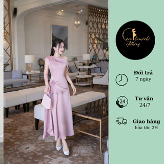Đầm xinh dự tiệc cưới, váy lụa lệch vai quấn hoa eo, thiết kế sang trọng Eva hamichi