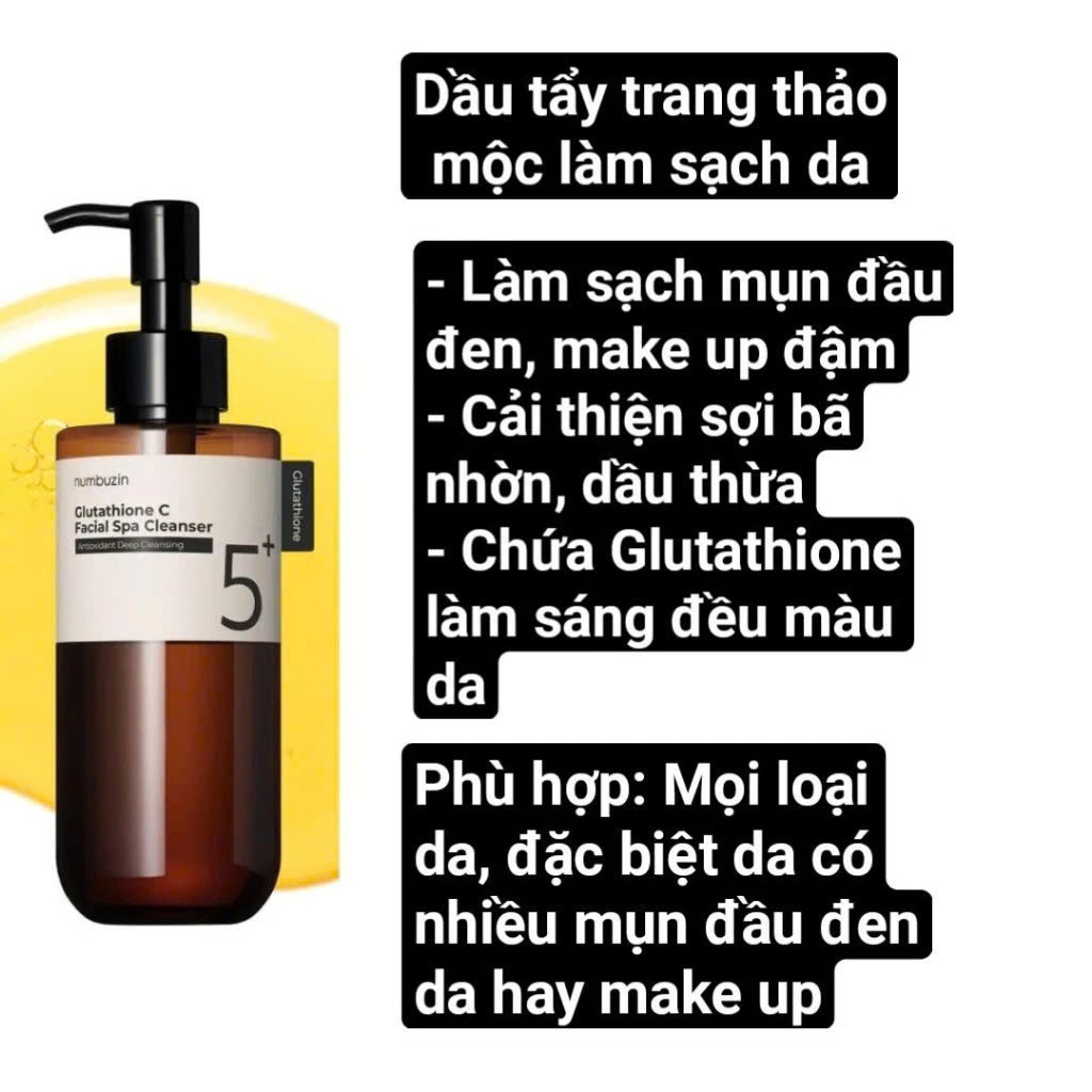 [DATE 3.2027] Dầu rửa mặt Numbuzin No.5 Glutathione C Facial Spa Cleanser giúp làm sạch mụn đầu đen, make up 200ml