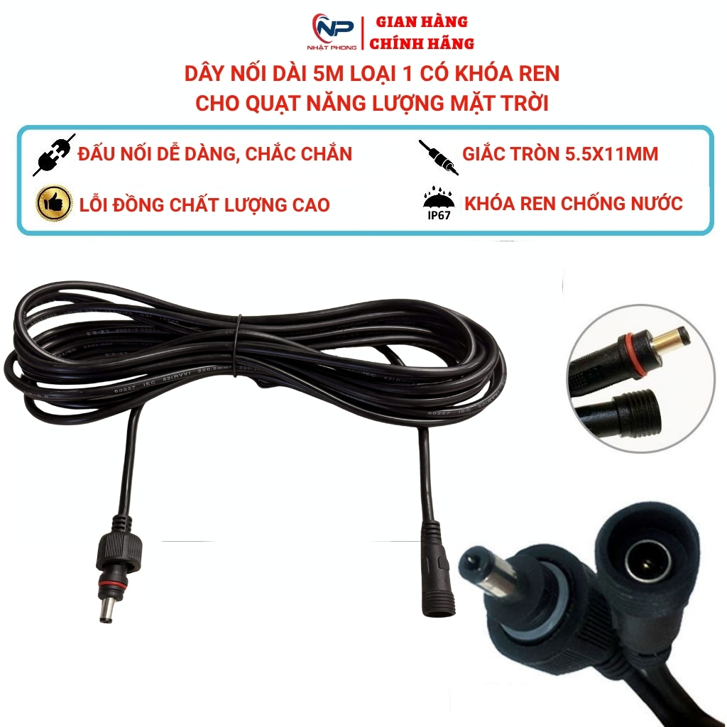 Dây nối quạt năng lượng mặt trời quạt tích điện dài 5m SHOP NHẬT PHONG giắc tròn 5.5x11 sẵn khớp nối chống nước IP67