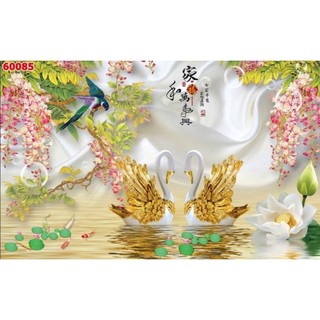 Tranh chim thiên nga dán tường, tranh hoa 3D trang trí phòng ngủ, tranh in trên chất liệu vải lụa(shop tặng kèm keo dán)