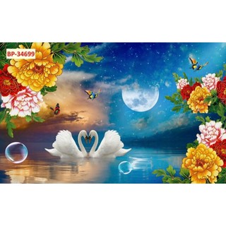 Tranh chim thiên nga dán tường, tranh hoa 3D trang trí phòng ngủ, tranh in trên chất liệu vải lụa(shop tặng kèm keo dán)