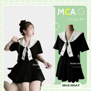 Set áo thun nữ phối cổ thêu kèm chân váy xếp ly có quần bảo hộ trẻ trung năng đông dạo phố