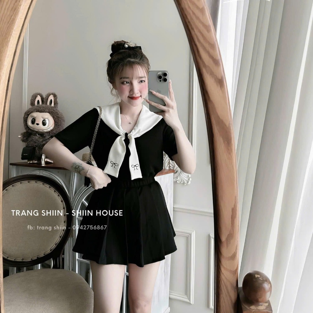 [ Video thực tế sp ] Set áo thun nữ phối cổ thêu kèm chân váy xếp ly có quần bảo hộ trẻ trung năng đông dạo phố