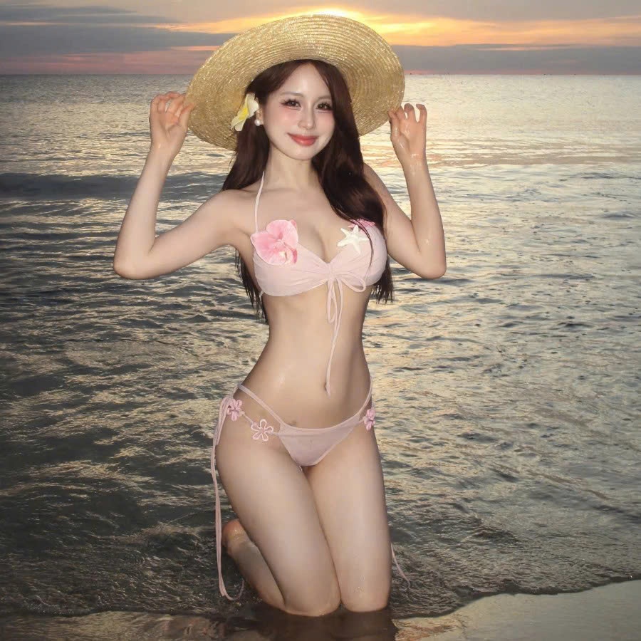 [Sẵn- HỎA TỐC HÀ NỘI] ONESOON Bộ bikini 2 mảnh buộc dây đính hoa nổi DIY tí hon, Đồ bơi nữ gợi cảm sexy