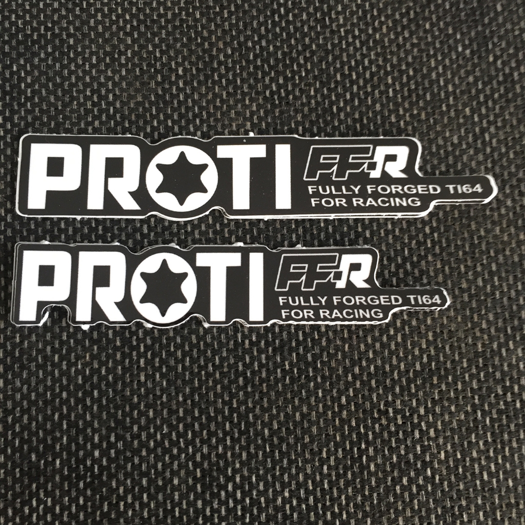 Logo PROTI[11.6x2.1cm] trắng nền đen. Hình dán decal siêu dính, chống nước, tem đua trang trí