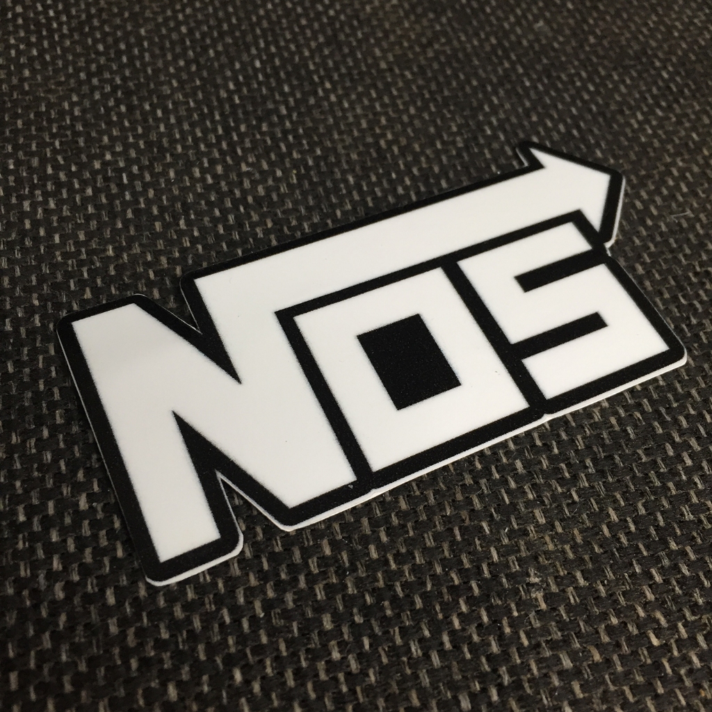 Logo NOS[9.1x4.1cm] trắng nền đen. Hình dán decal siêu dính, chống nước, tem đua trang trí