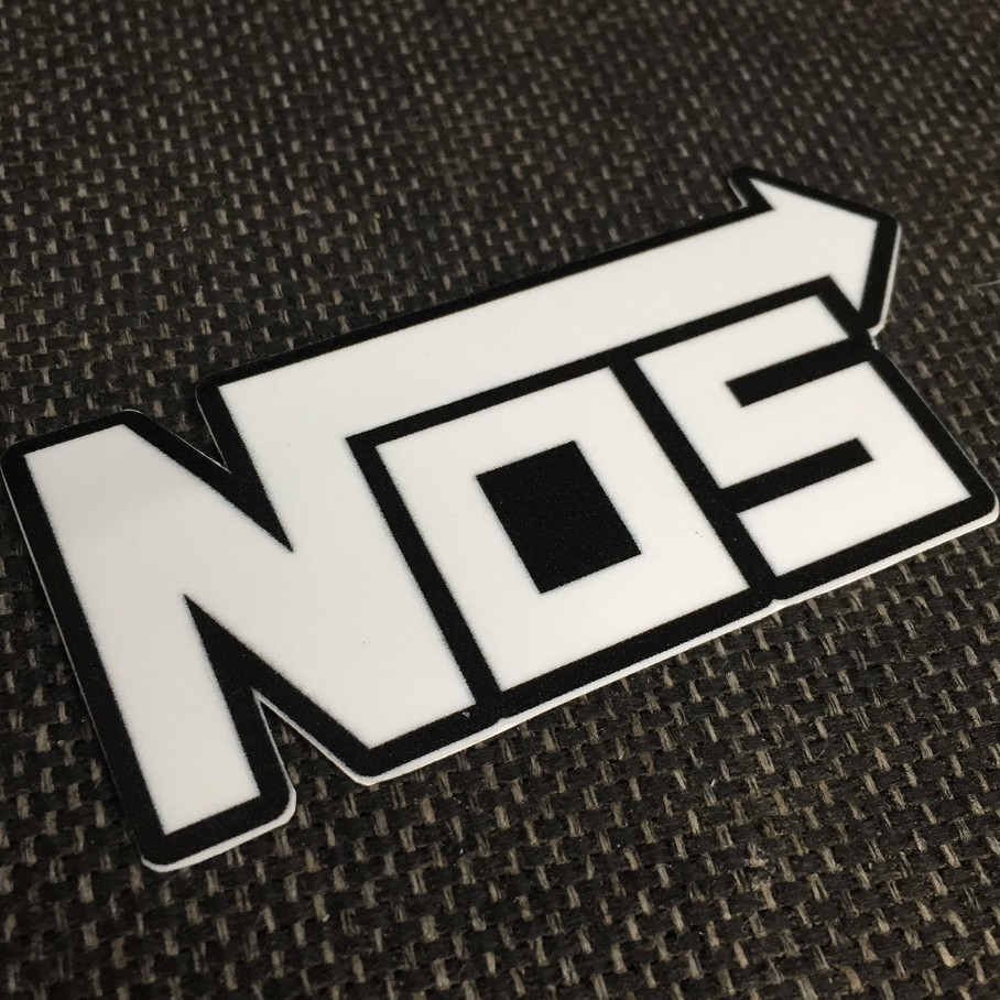 Logo NOS[9.1x4.1cm] trắng nền đen. Hình dán decal siêu dính, chống nước, tem đua trang trí