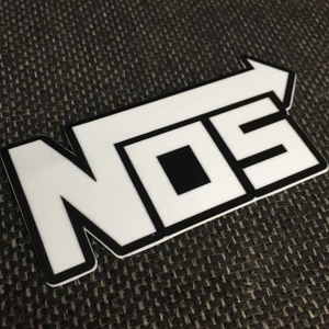 Logo NOS[9.1x4.1cm] trắng nền đen. Hình dán decal siêu dính, chống nước, tem đua trang trí