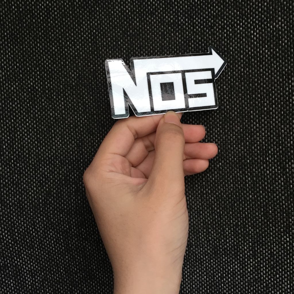 Logo NOS[9.1x4.1cm] trắng nền đen. Hình dán decal siêu dính, chống nước, tem đua trang trí