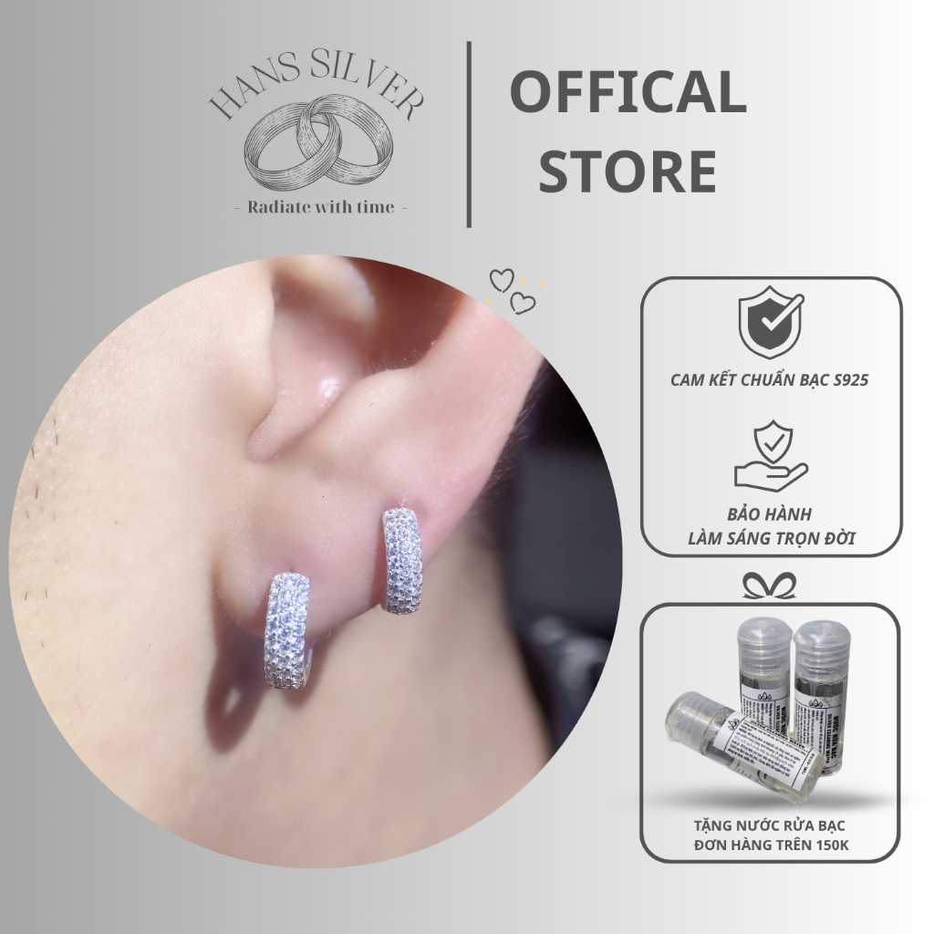 Khuyên tai nam nữ bạc S925 vòng bấm ba hàng đá mặt trước Hans Silver KTHA120121