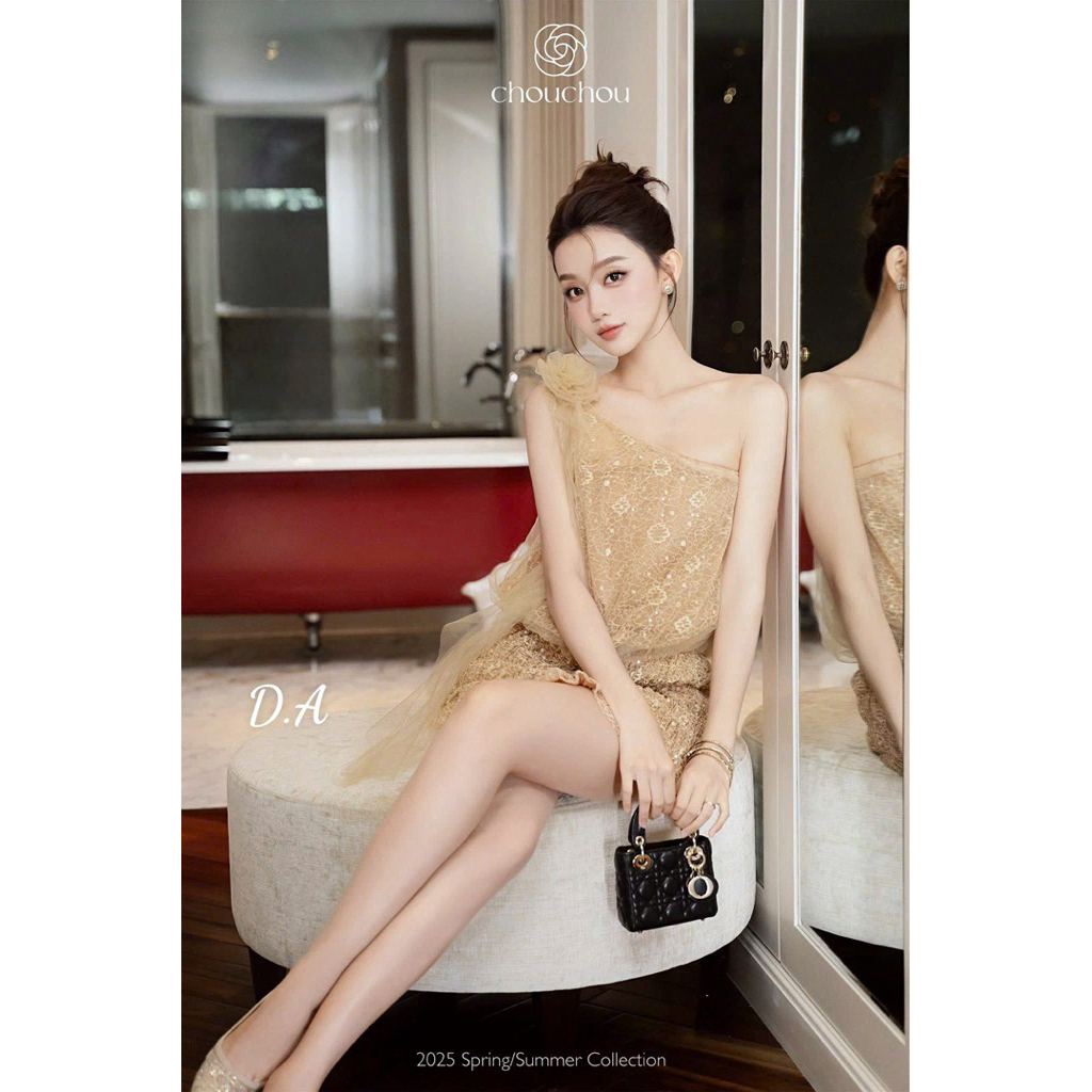 Váy ren lưới lệch vai đính hoa trần chun siu đẹp