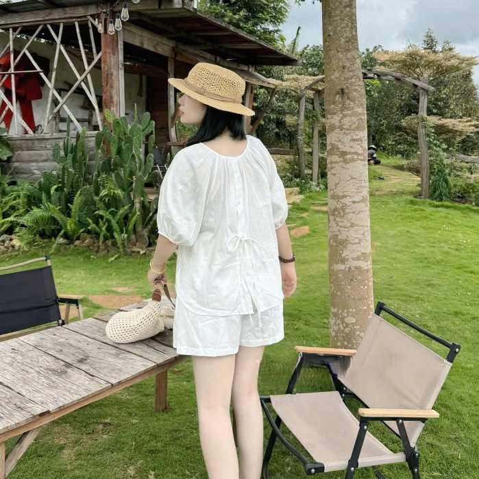 Set áo tay lỡ cúc sau lưng kèm quần sooc cạp chun hai lớp, set bộ xinh LALA  S40