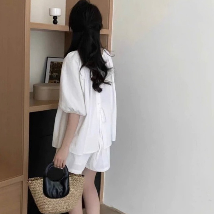 Set áo tay lỡ cúc sau lưng kèm quần sooc cạp chun hai lớp, set bộ xinh LALA  S40