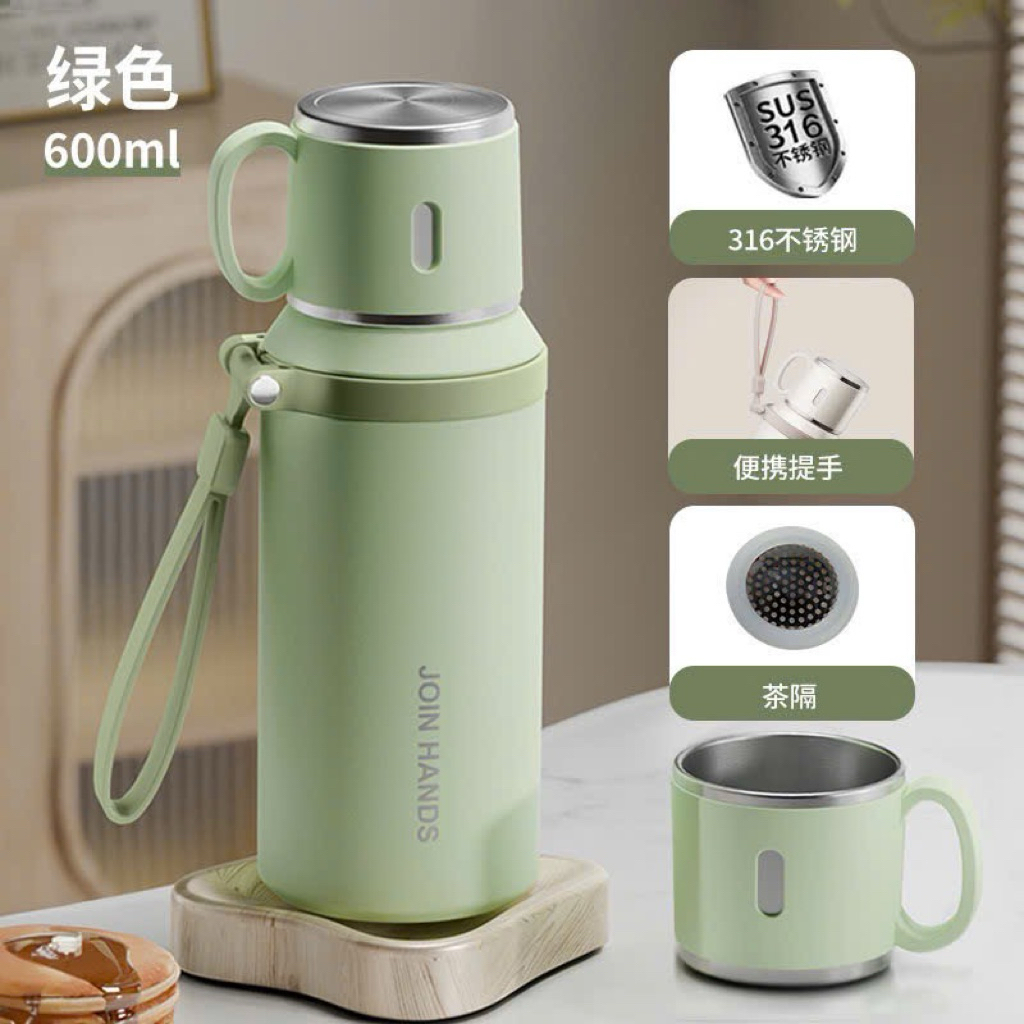 Bình giữ nhiệt JOIN HANDS inox 316 cao cấp 600Ml nắp làm cốc có lõi lọc trà tiện lợi