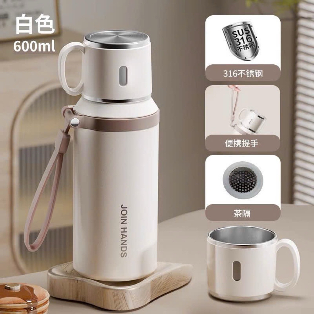 Bình giữ nhiệt JOIN HANDS inox 316 cao cấp 600Ml nắp làm cốc có lõi lọc trà tiện lợi